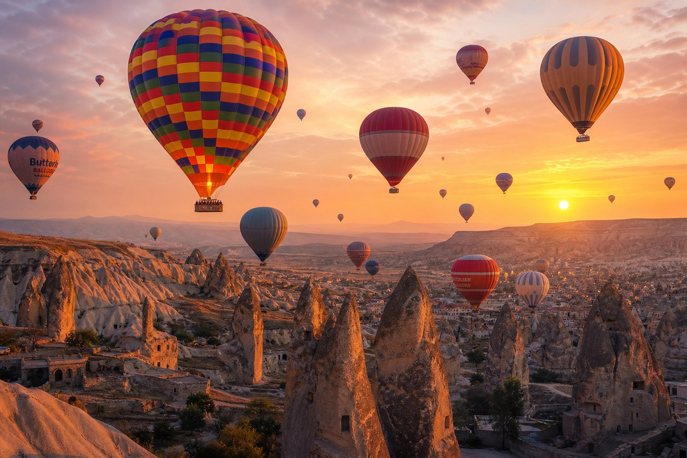 Kapadokya üzerinde renkli balon filosu